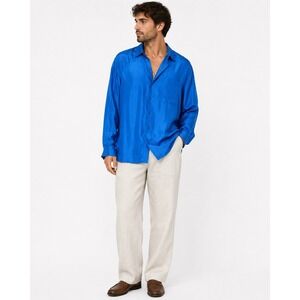 100% Washable Silk Button Up Shirt Mens M Cobalt Blue Relaxed Quiet Luxury Retro